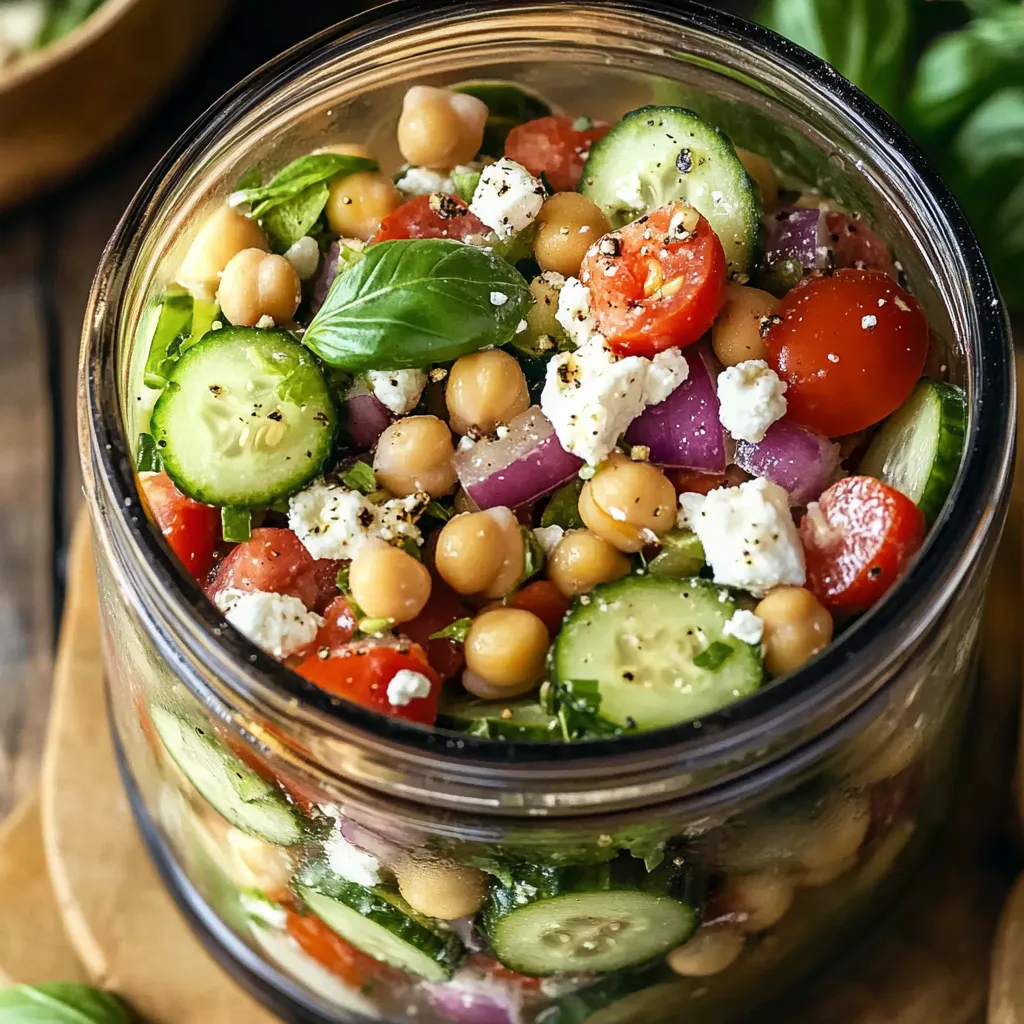 A vibrant bowl filled with chickpea salad featuring cucumbers, feta, and tomatoes, showcasing a light and healthy meal option.