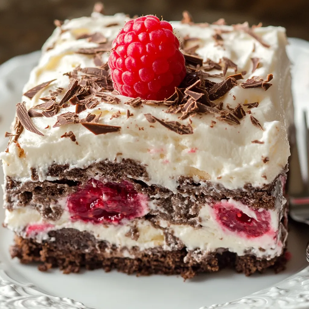 Rich layers of chocolate, dulce de leche, and raspberries in an icebox cake.
