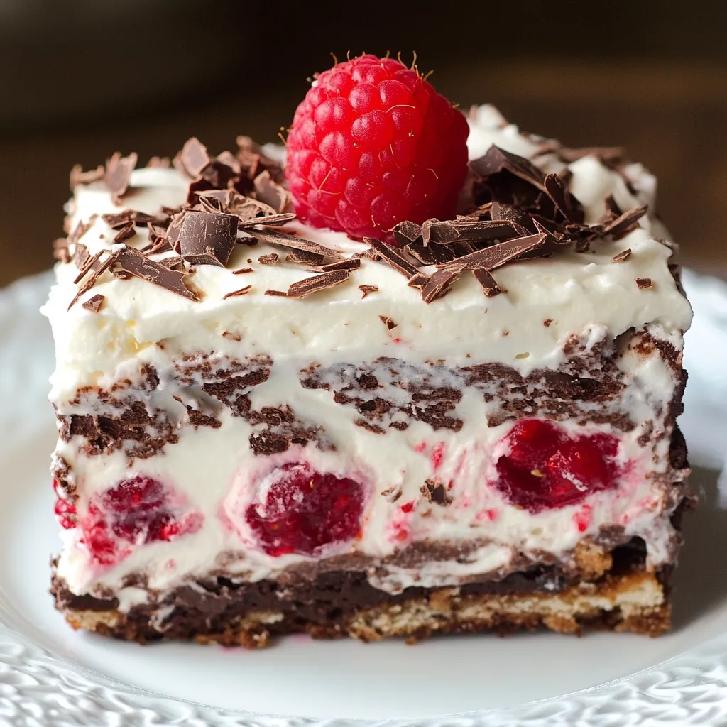 A mouthwatering no-bake dessert featuring layers of chocolate, dulce de leche cream, and bright red raspberries.