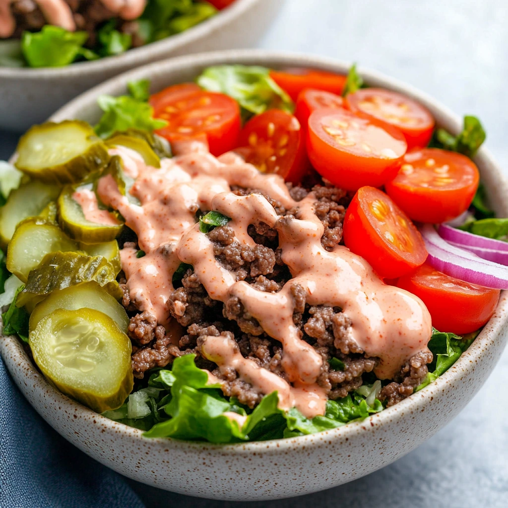 A succulent deconstructed burger served in a bowl with colorful fresh vegetables.