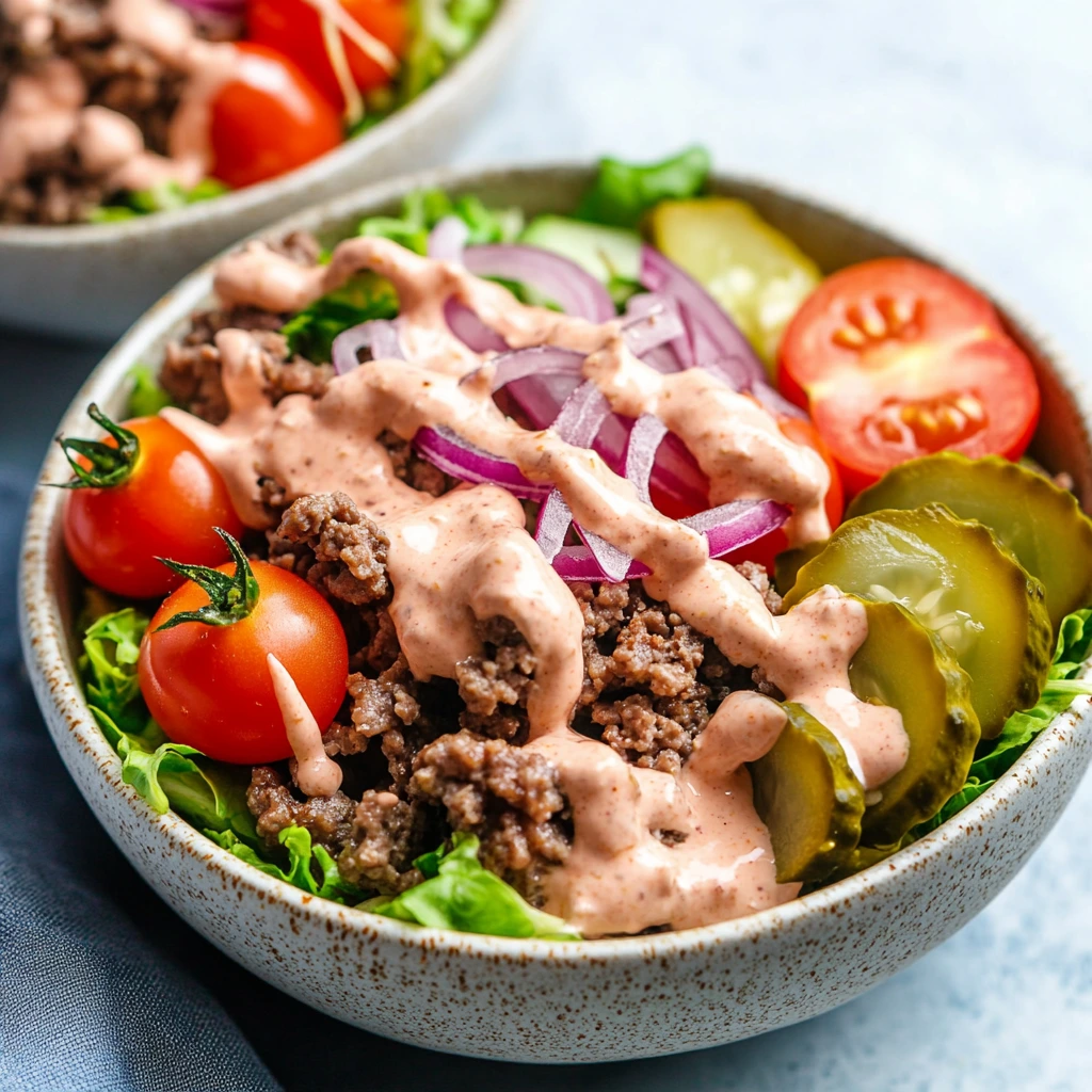 An enticing bunless burger creation featuring seasoned meat and colorful garden-fresh toppings.