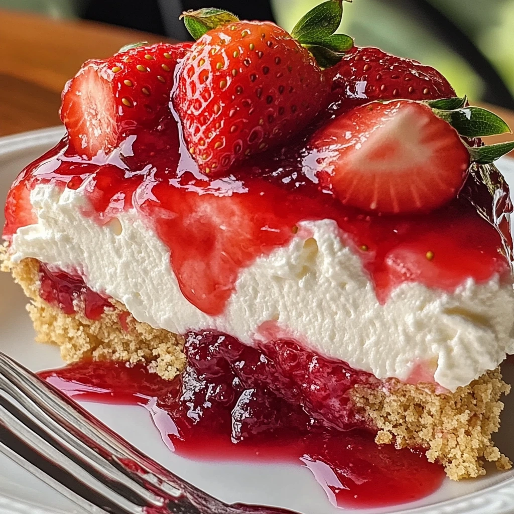 A delicious serving of strawberry cheesecake dump cake topped with fresh berries.