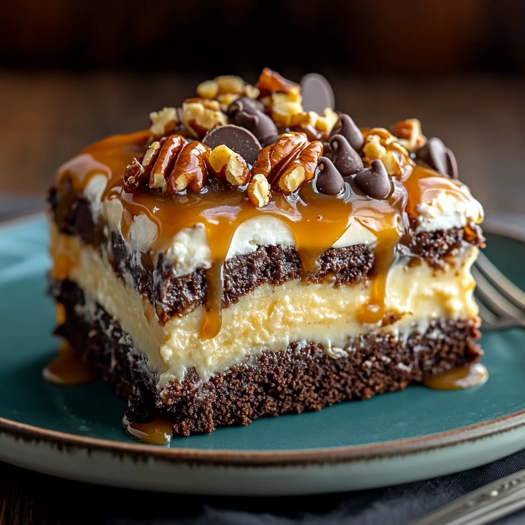 A juicy German chocolate poke cake with chocolate drizzles on top.