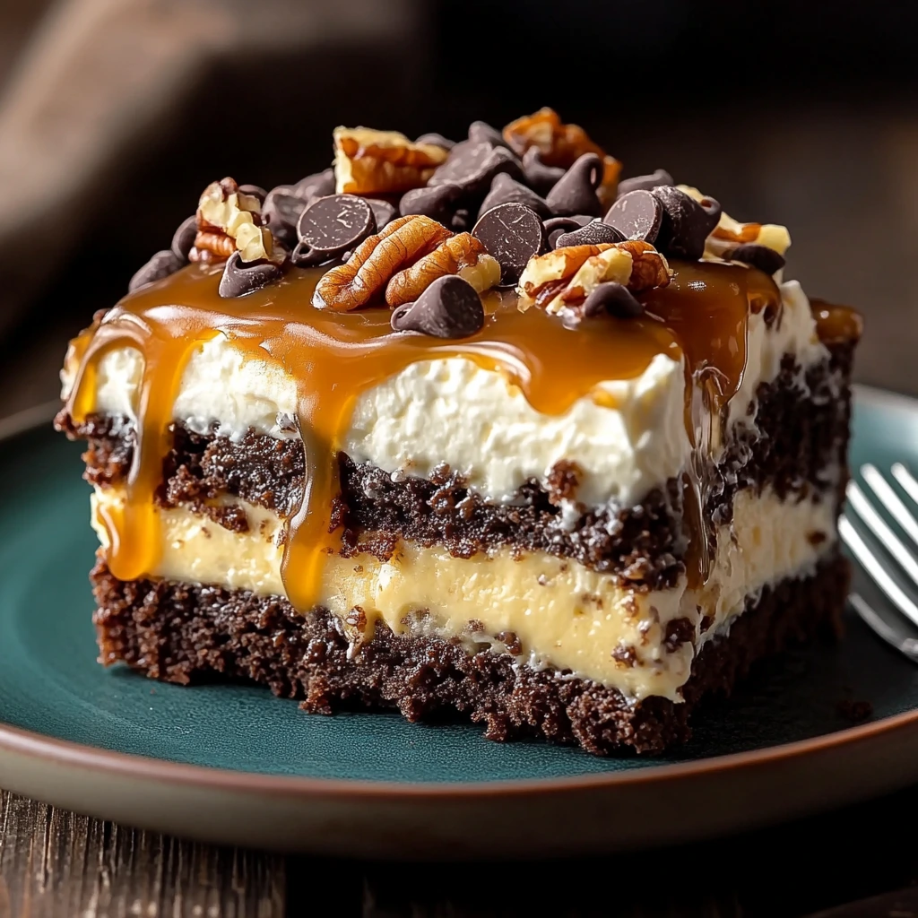 A piece of German chocolate poke cake showing layers of chocolate and coconut-pecan mix.