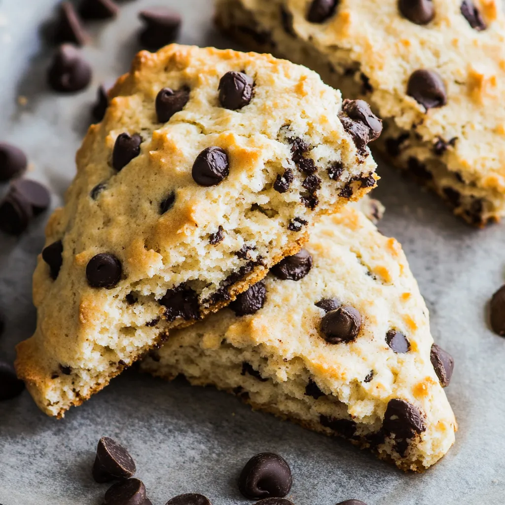 Tasty chocolate chip scones showing crunchy outside and fluffy inside with chunks of rich chocolate.