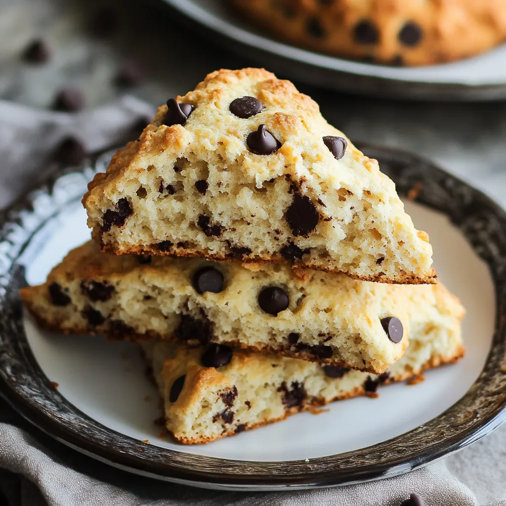 A serving of hot chocolate chip scones showing brown tops and melty chocolate inside.