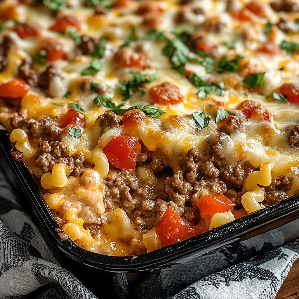 A filling ground beef casserole featuring melty cheese and tender pasta, perfect for busy weeknight dinners.