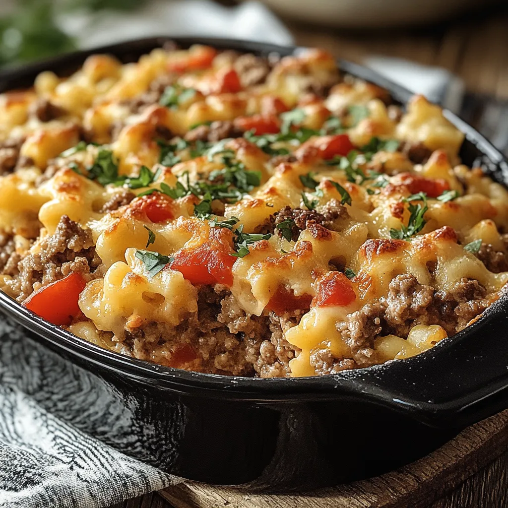 A comforting beef and pasta bake with melted cheese, simple to prepare for family dinners.
