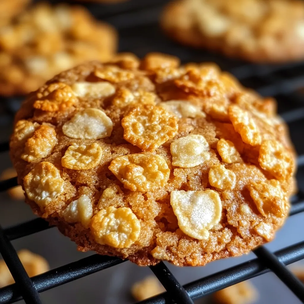 Plate of fresh peanut butter cornflake cookies showing their crispy texture and golden color.