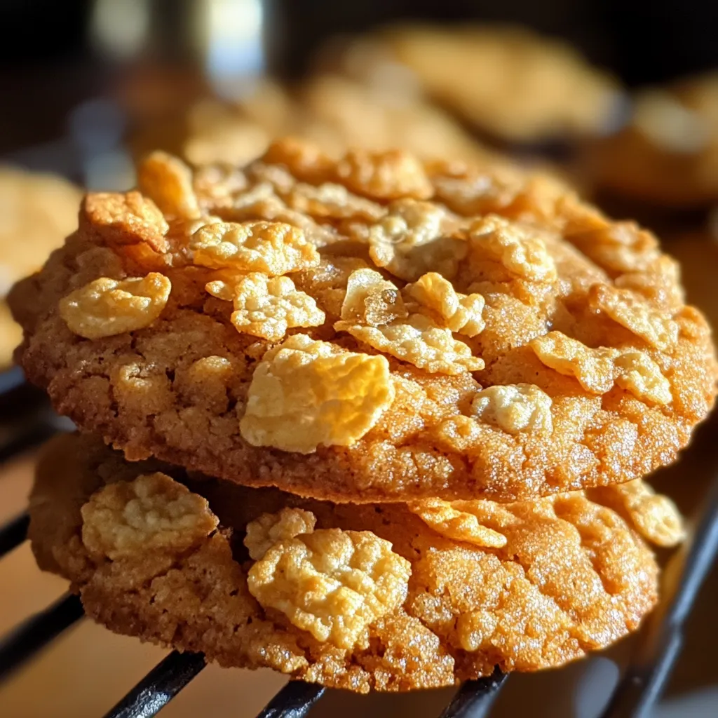 Detailed view of peanut butter cornflake cookies with their golden texture.