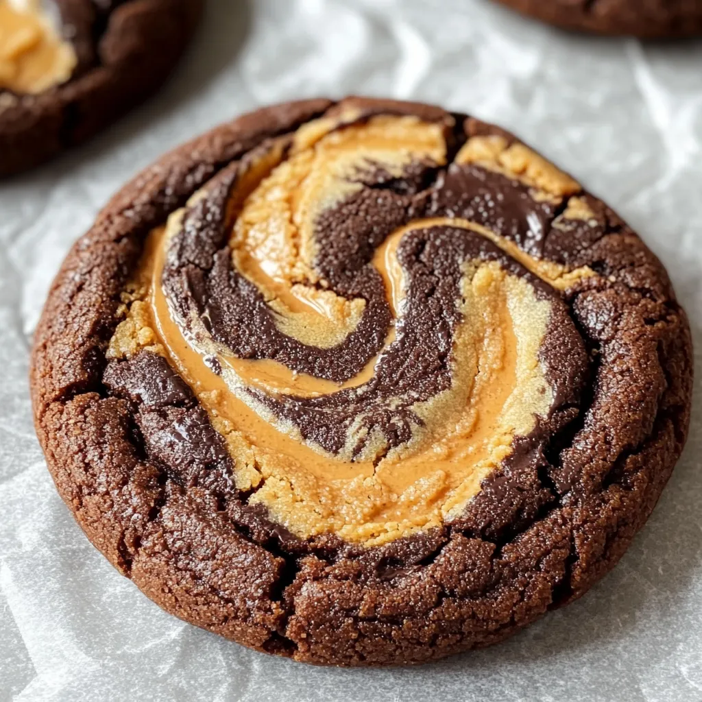 Several chocolate peanut butter swirl cookies showing off their beautiful chocolate and peanut butter patterns.