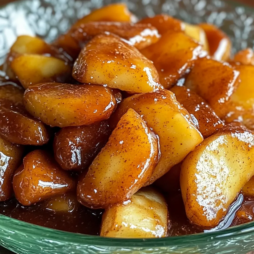 Golden and buttery caramelized apple slices in a bowl, glossy and warm.