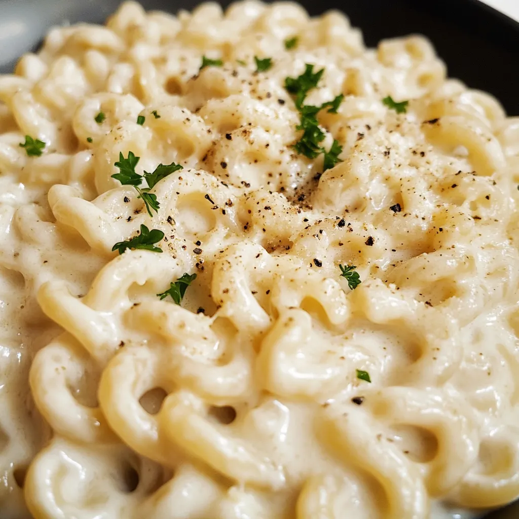 Smooth cottage cheese alfredo poured over fresh pasta on a plate.