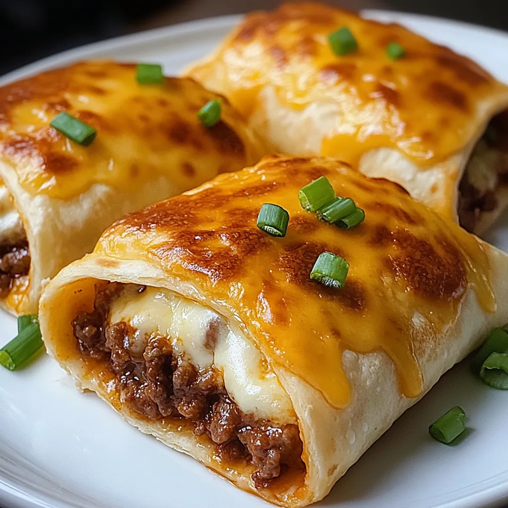 A close-up of fried pockets filled with cheesy ground beef, showcasing their melty, savory center.