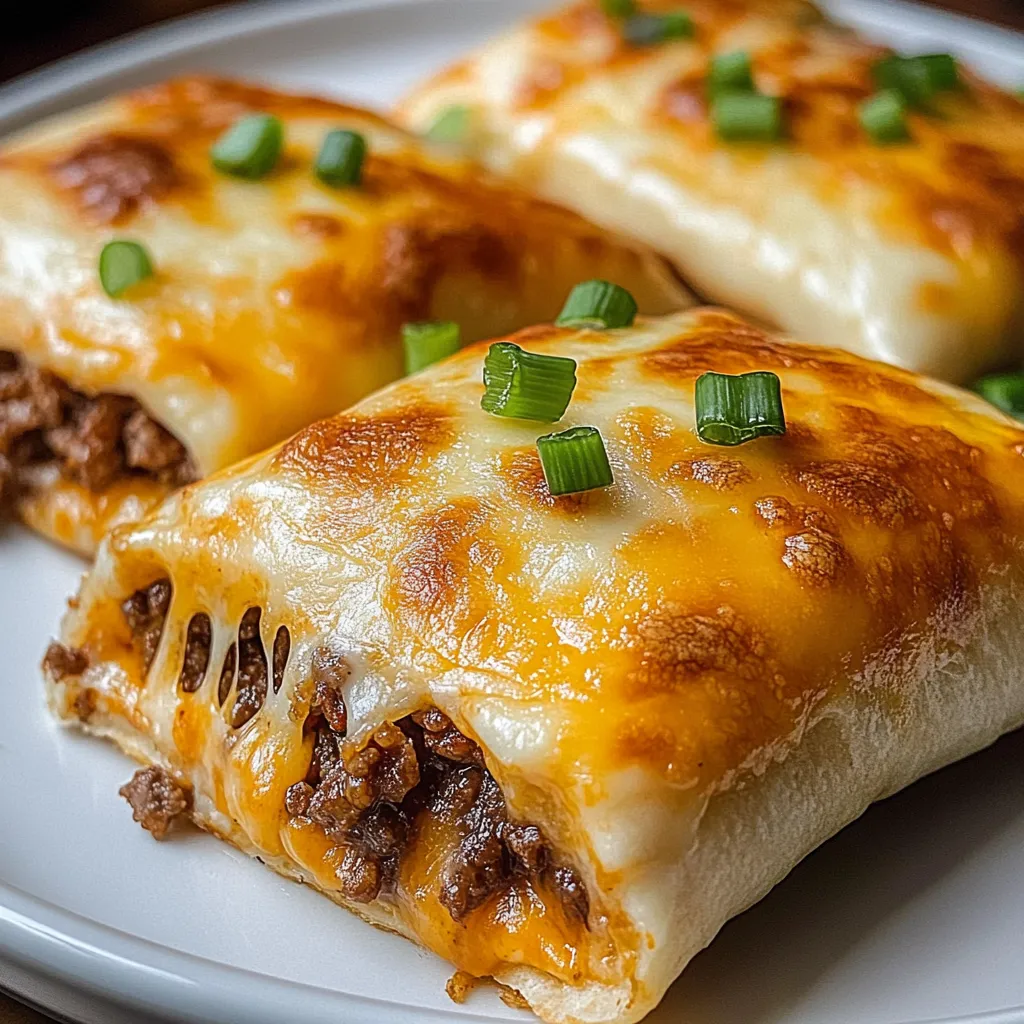 Close view of cheesy taco pockets stuffed with ground beef showing the rich cheese and juicy meat filling inside.