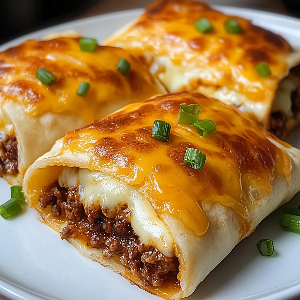 Up-close shot showing cheesy taco pockets filled with seasoned ground beef, with the melty cheese and tasty filling visible.