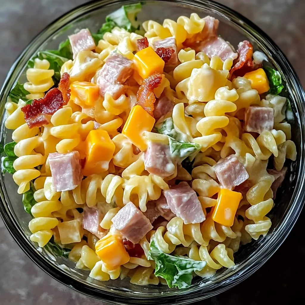 Zoomed-in view of a vibrant bowl of Club Sandwich Pasta Salad featuring pasta, veggies, and sandwich toppings.