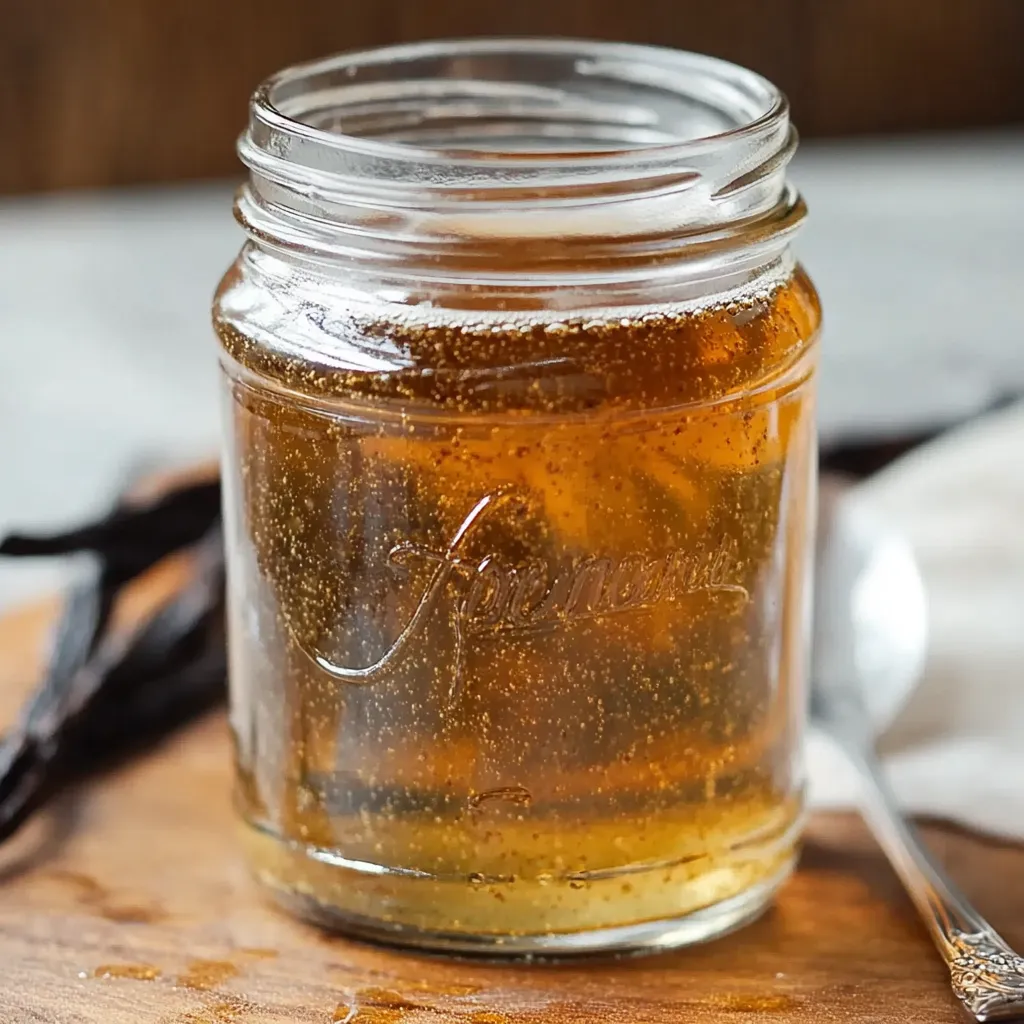 Golden vanilla syrup in a clear bowl, showing off its smooth look.