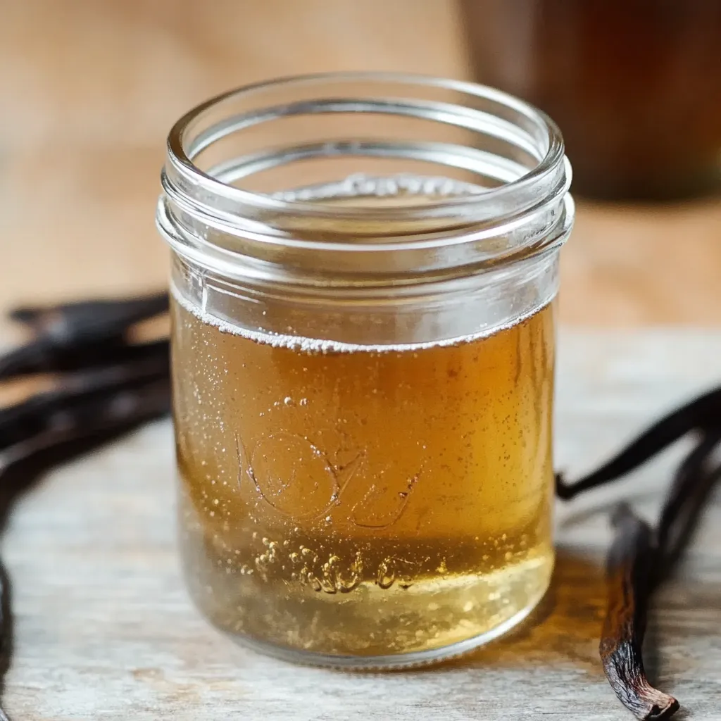 A bowl containing amber-colored vanilla simple syrup.