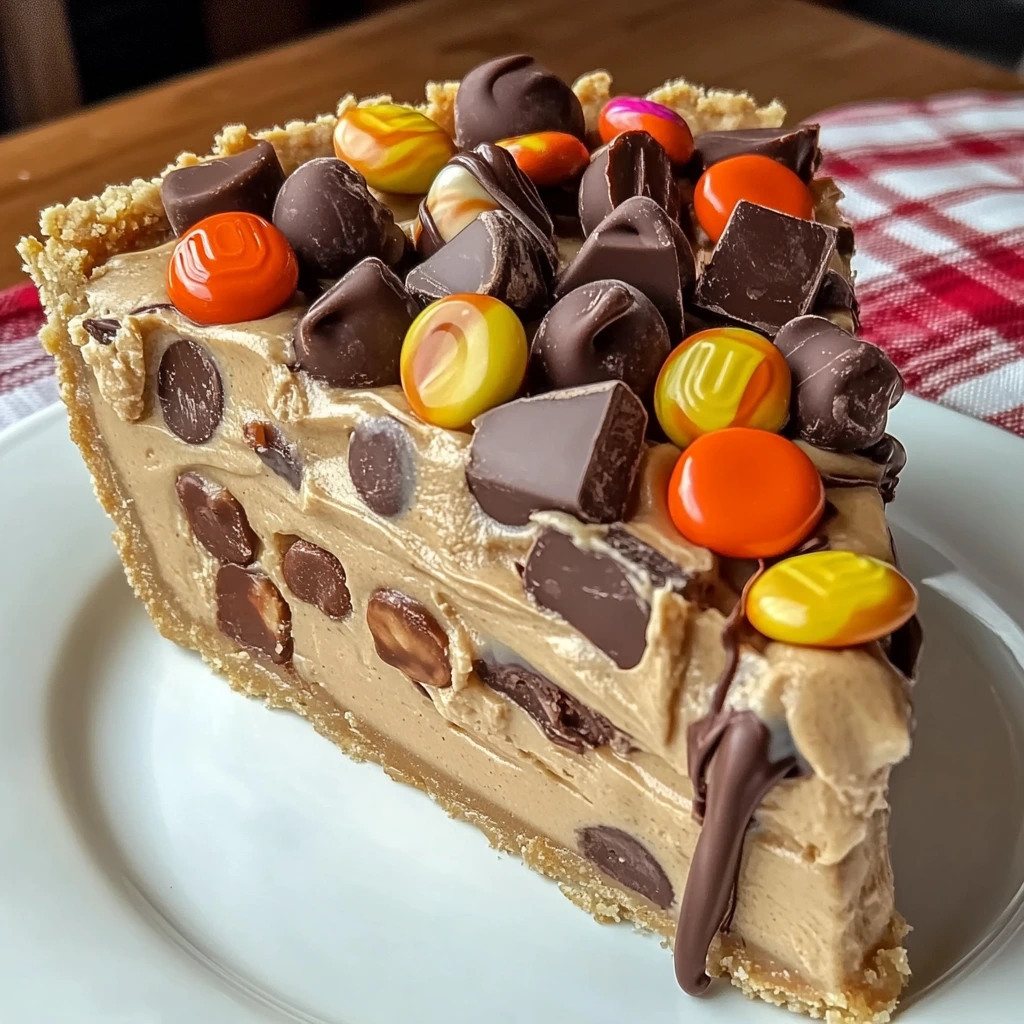 A giant creamy no-bake peanut butter and chocolate pie with Reese's candy.