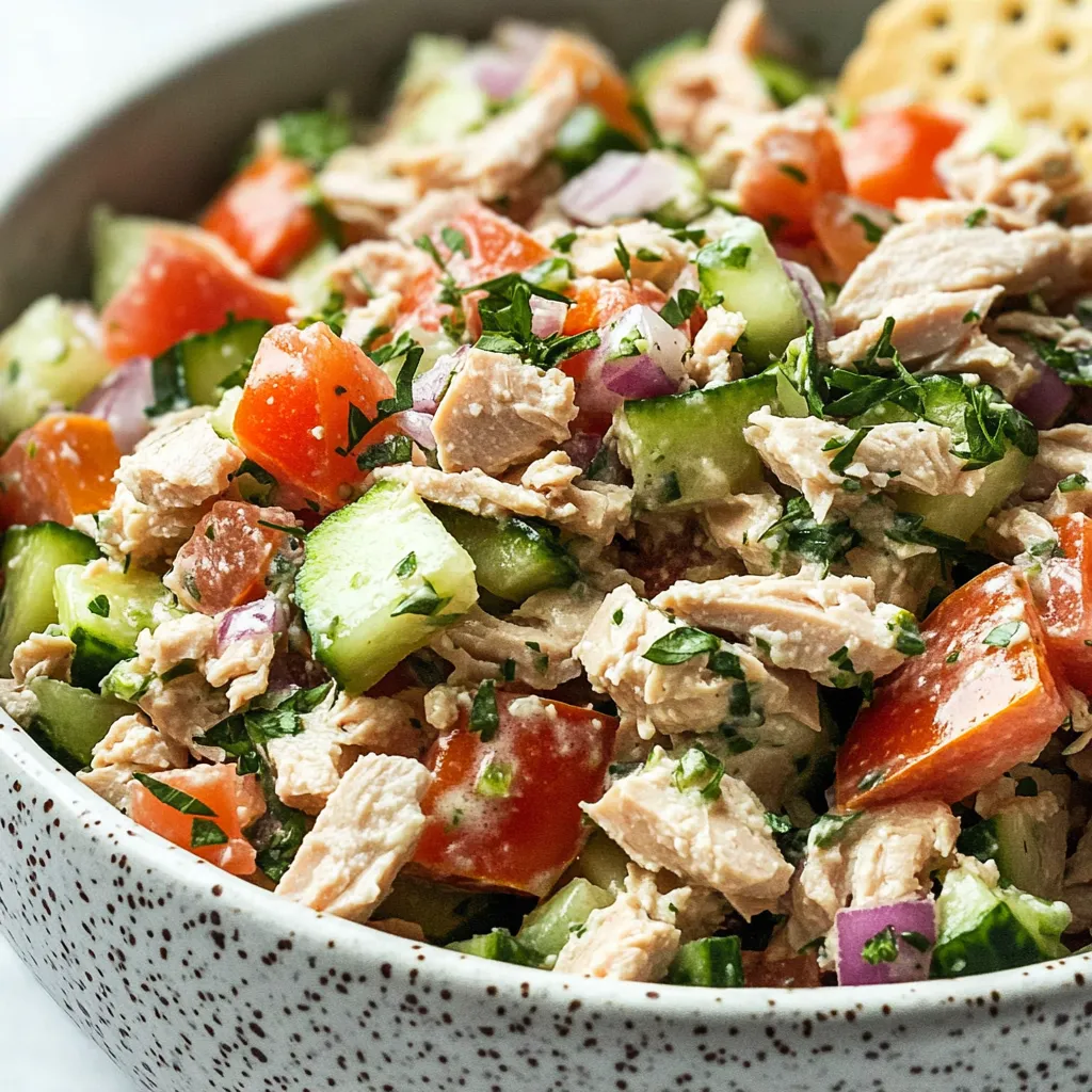 A vibrant bowl of Mediterranean Tuna Salad showing chunks of tuna, purple olives, red tomatoes and green cucumbers with a drizzle of olive oil on top.