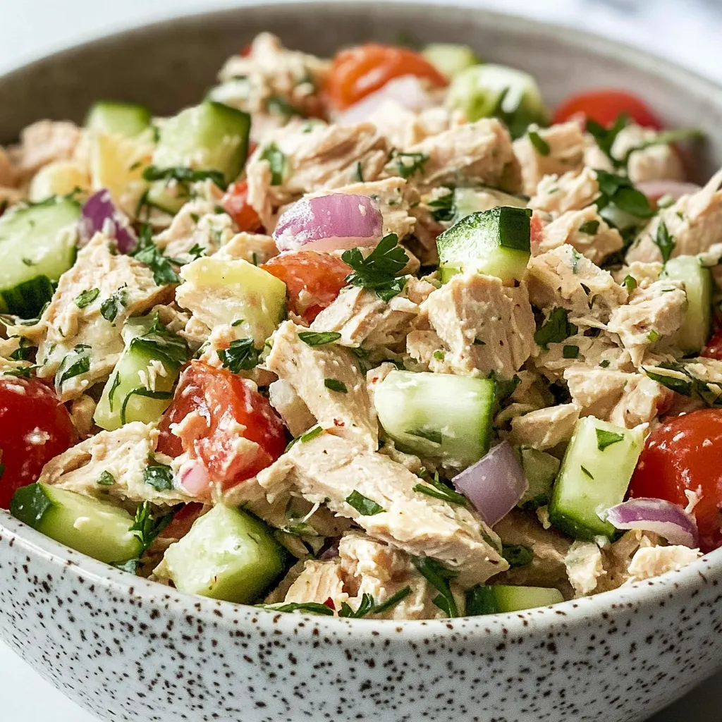 A hearty bowl of mediterranean tuna salad showing flaked tuna mixed with bright cherry tomatoes and diced cucumbers.