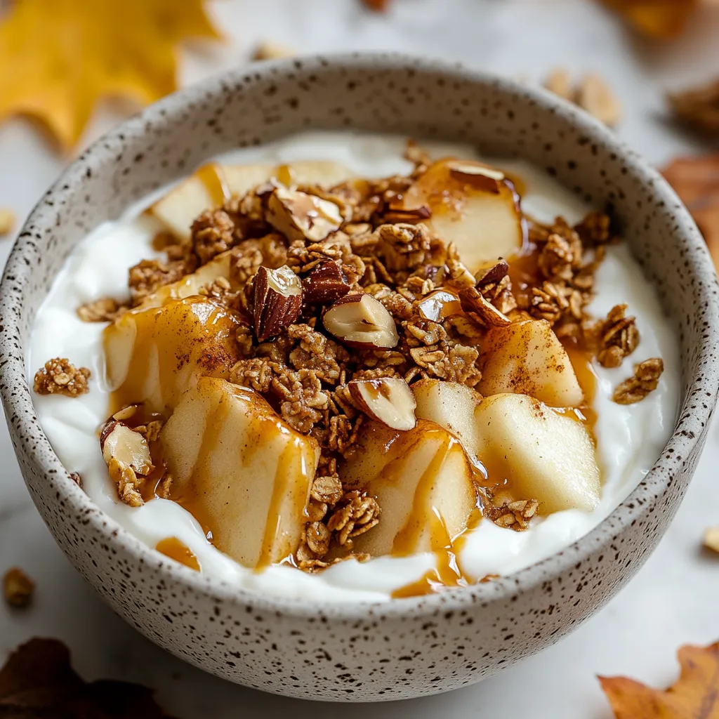 A mouthwatering bowl with caramelized apples, yogurt, and drizzles of caramel.