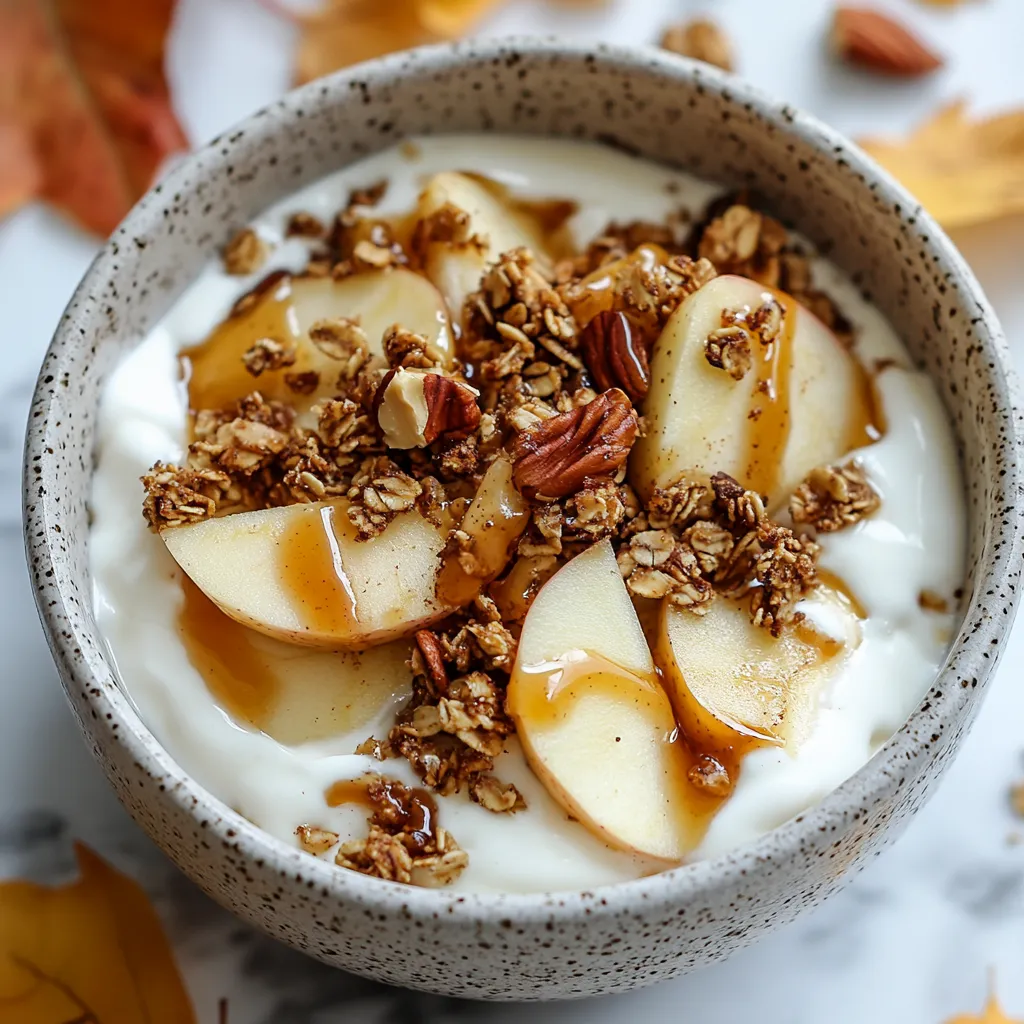 A smooth yogurt bowl featuring caramel apple flavors, topped with fresh apple chunks and swirls of caramel sauce.