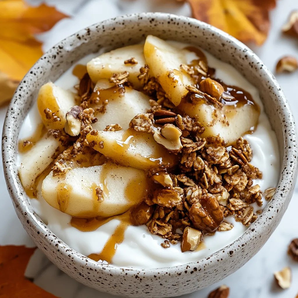 A yummy breakfast bowl combining yogurt with apple pie flavors, decorated with fresh apple pieces and sweet caramel.