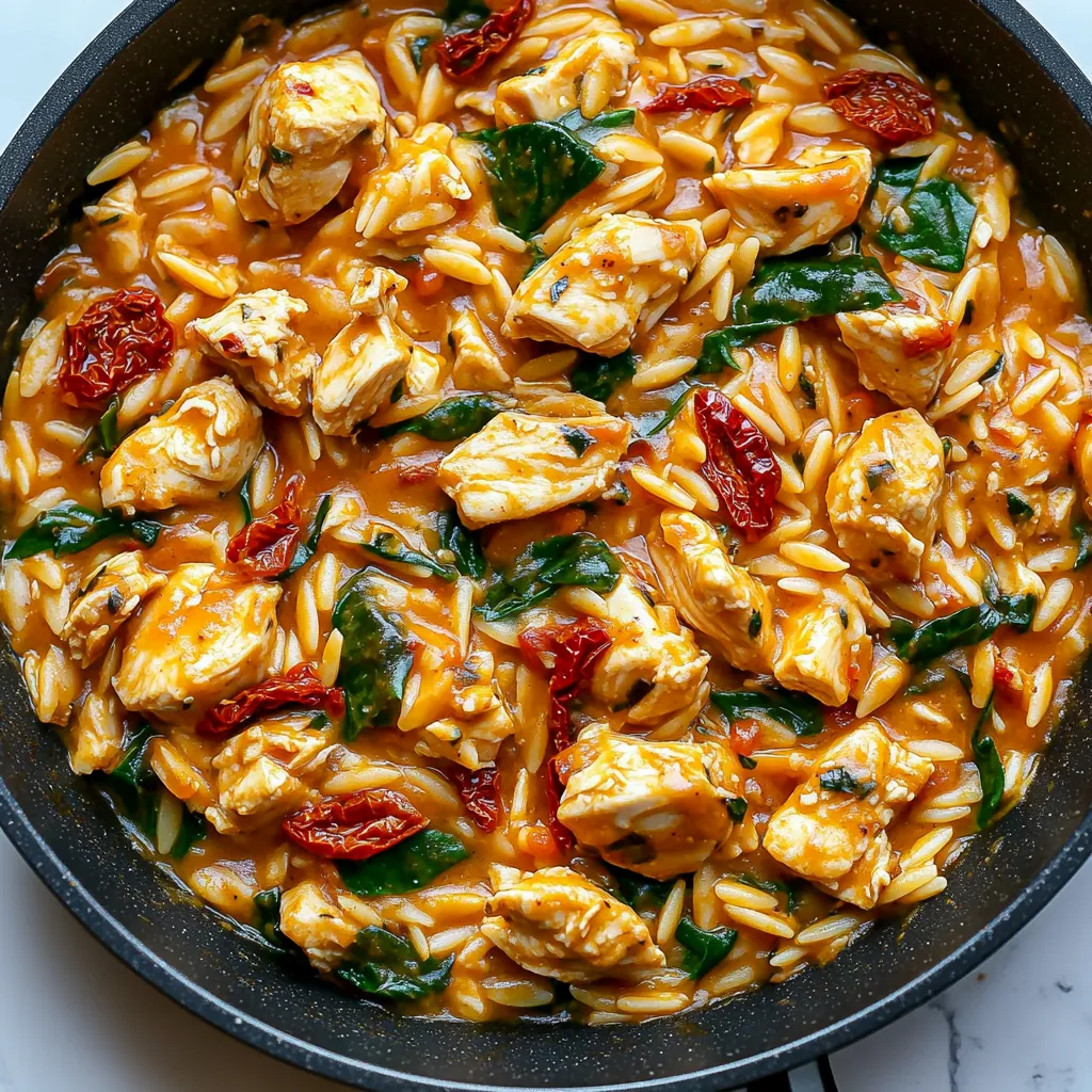 A stunning bowl of chicken and risoni pasta garnished beautifully, showing off its creamy texture and appetizing colors.