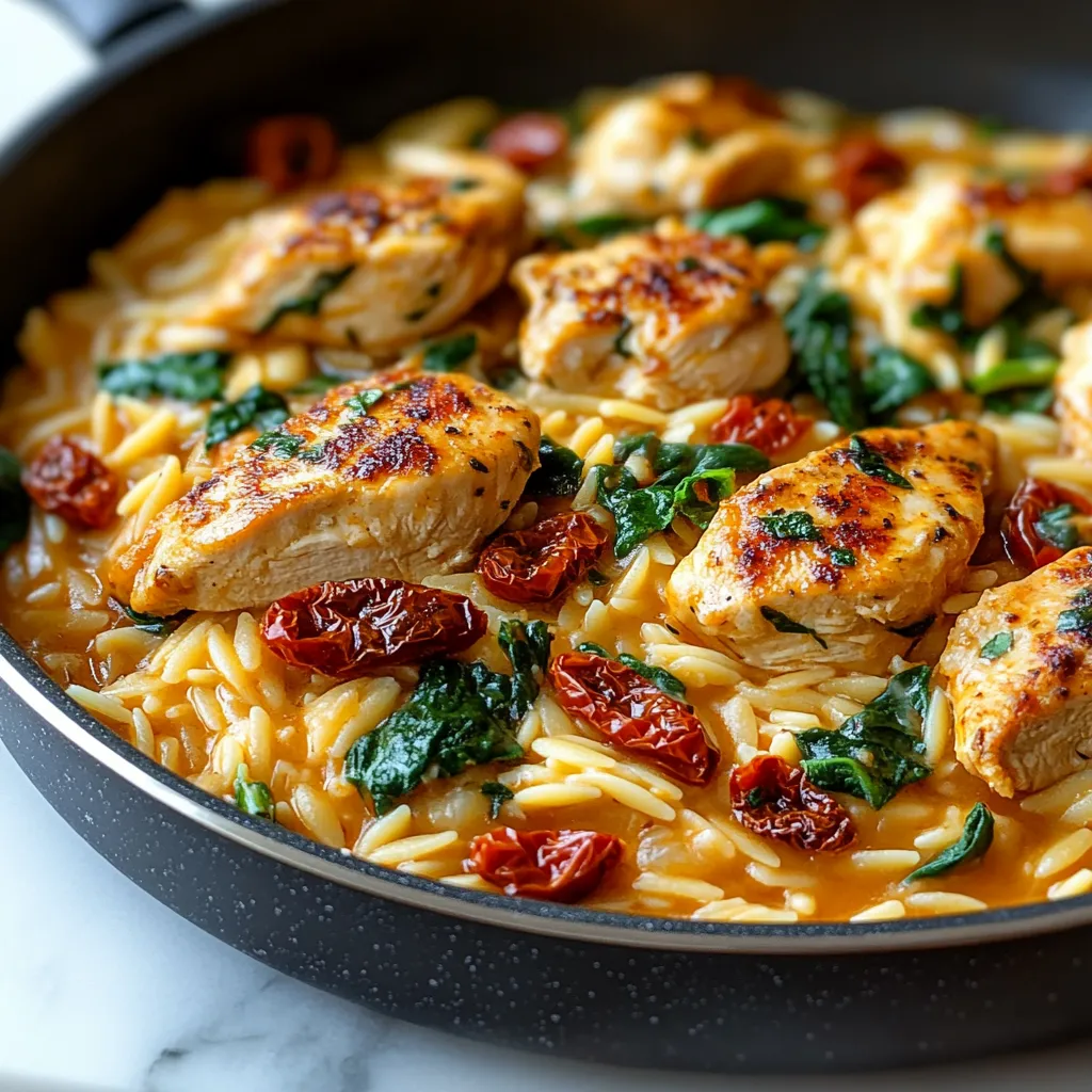 A mouthwatering plate of chicken with risoni pasta, sprinkled with herbs and swimming in rich sauce, perfect for impressing guests.