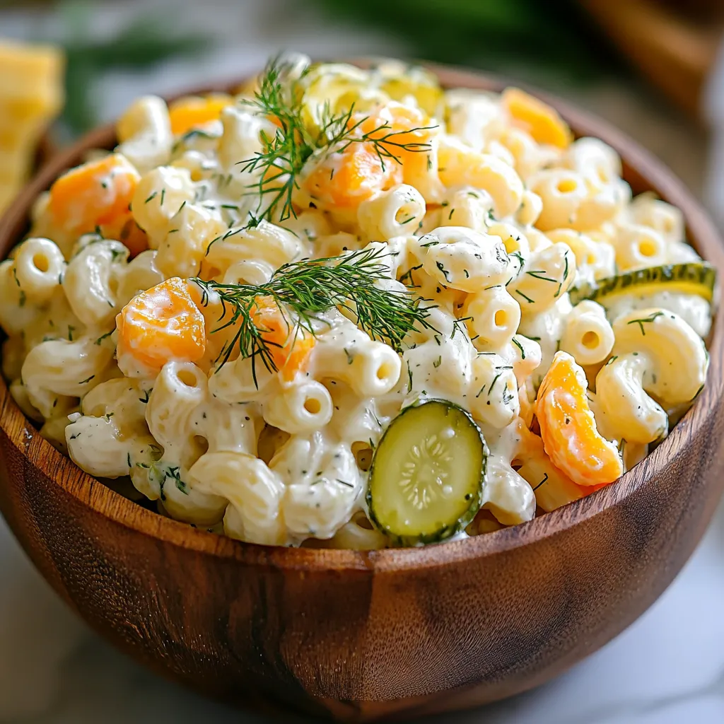 Colorful dill pickle macaroni salad with pasta, crunchy pickles, and rich dressing.