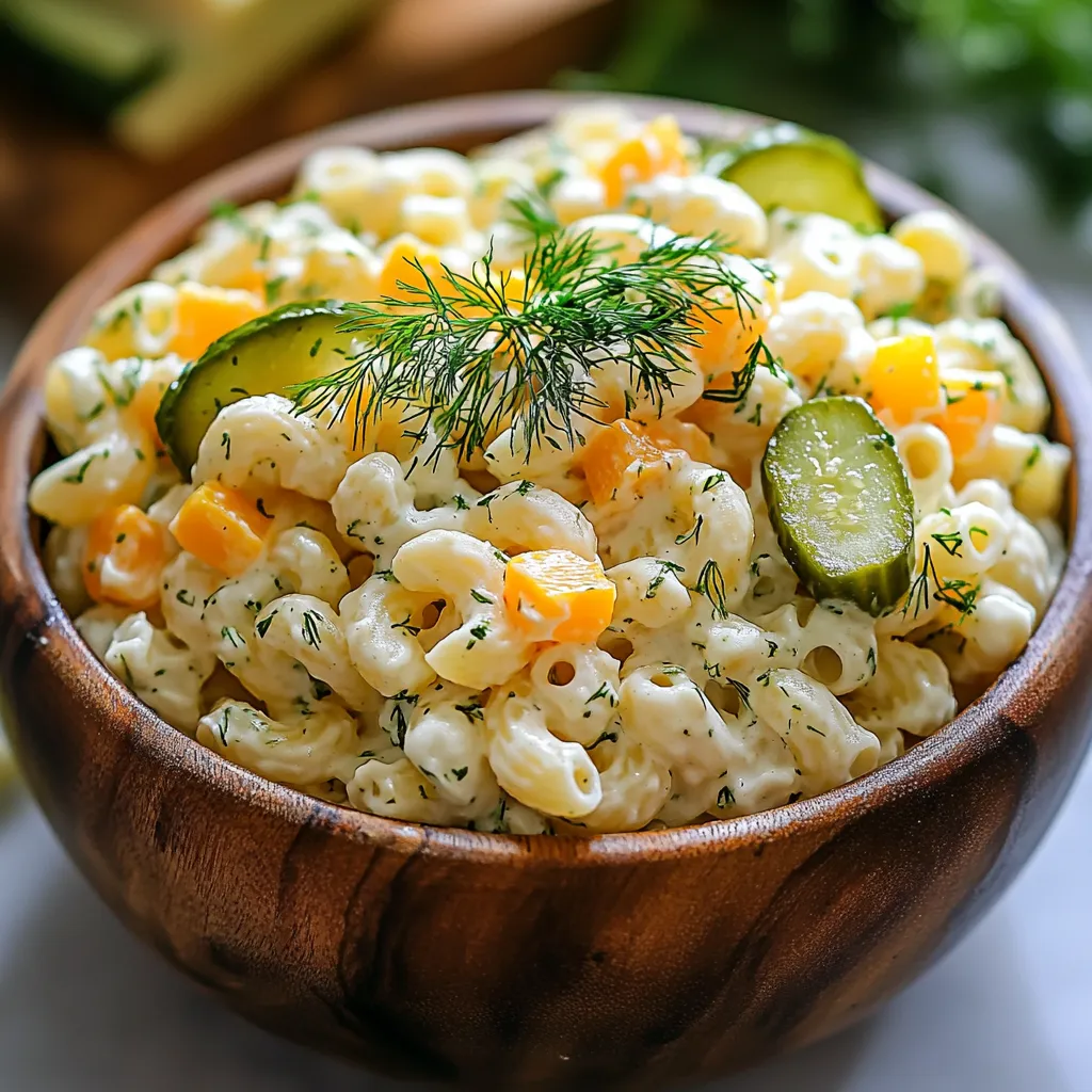 Creamy dill pickle macaroni salad with pasta, chopped pickles, and fresh herbs.