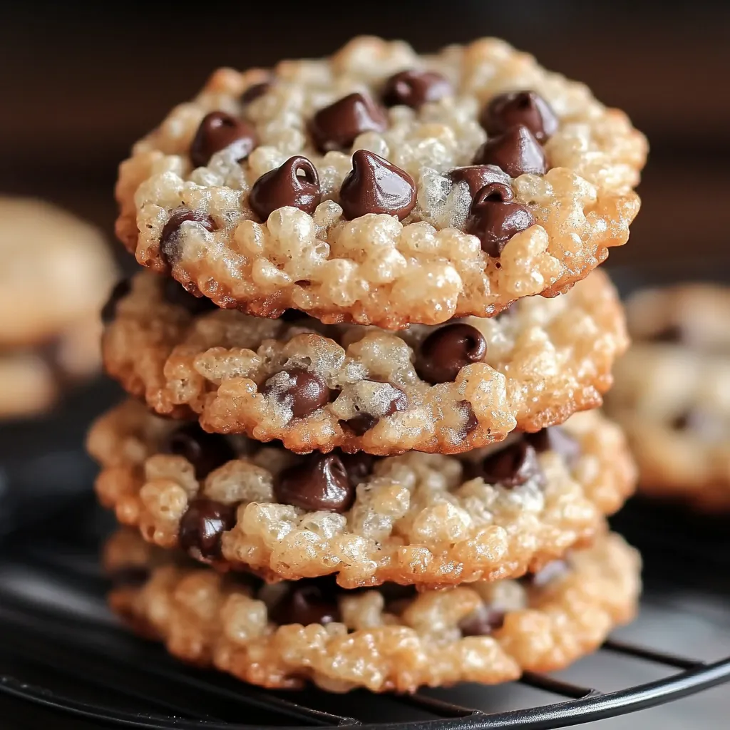 Golden-brown Rice Krispie chocolate cookies on a plate with visible chocolate chips.
