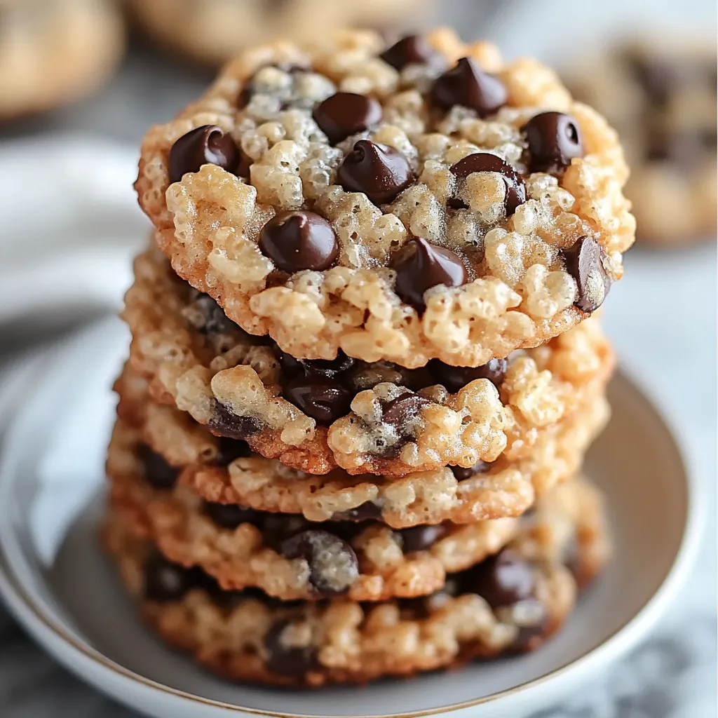 Delicious rice krispie chocolate chip cookies arranged on a plate, featuring a crunchy texture and melted chocolate chips.