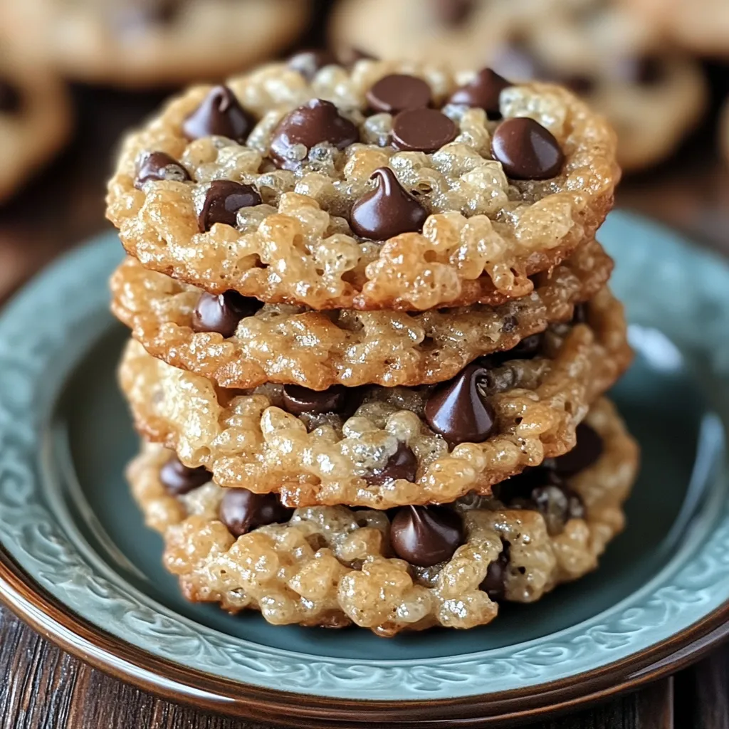 A close-up of rice krispie chocolate chip cookies, highlighting their crispy edges and gooey chocolate chips.