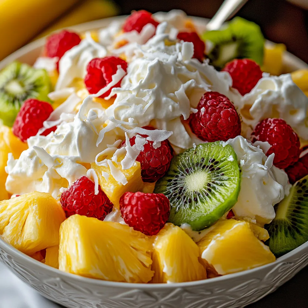 A colorful dish combining creamy filling with chunks of bright tropical fruits, looking fresh and appetizing.