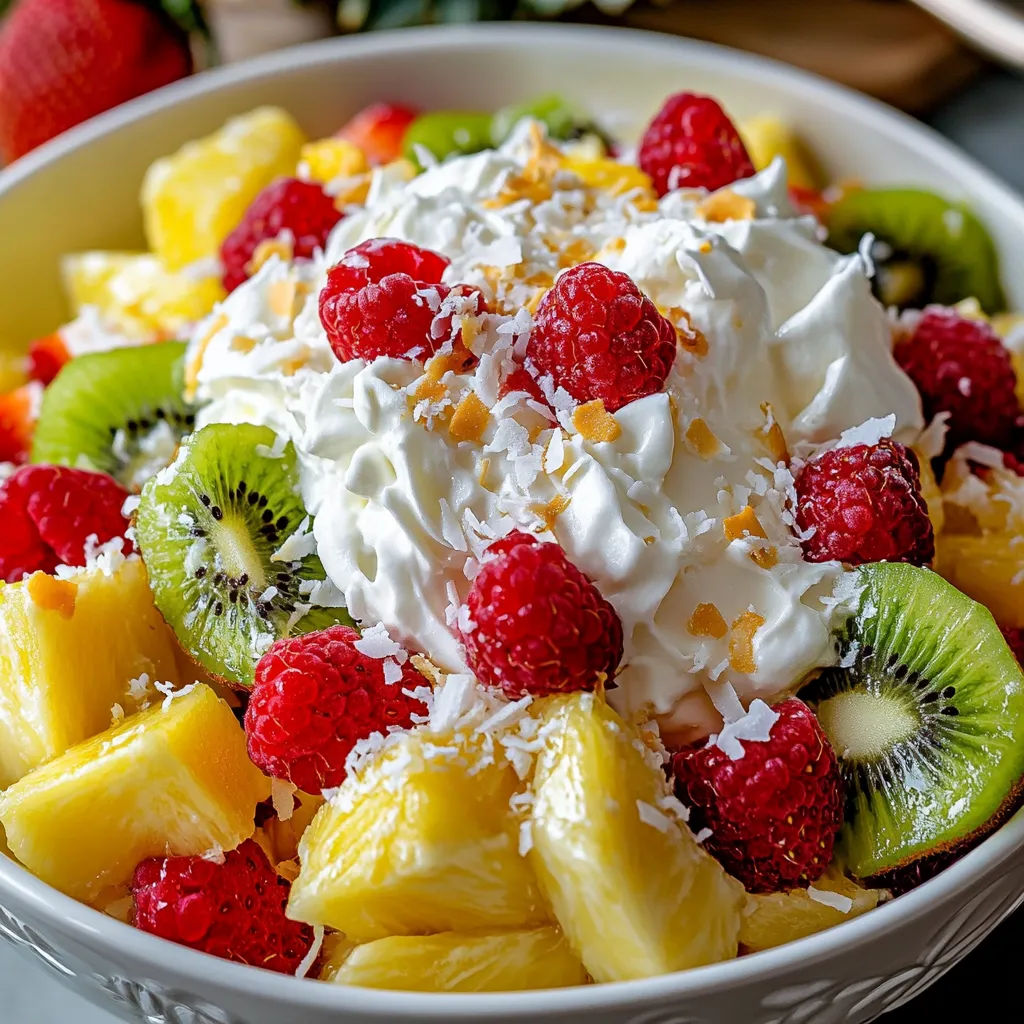 A serving of sweet cream and island fruits combined in a bowl, showcasing vibrant colors and varied textures.