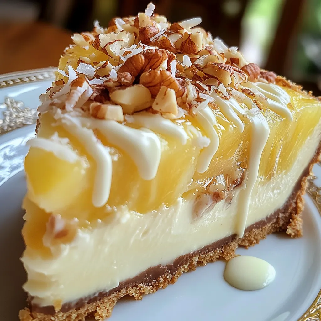 A creamy pineapple cheesecake slice topped with pineapple bits, sitting on a white plate.