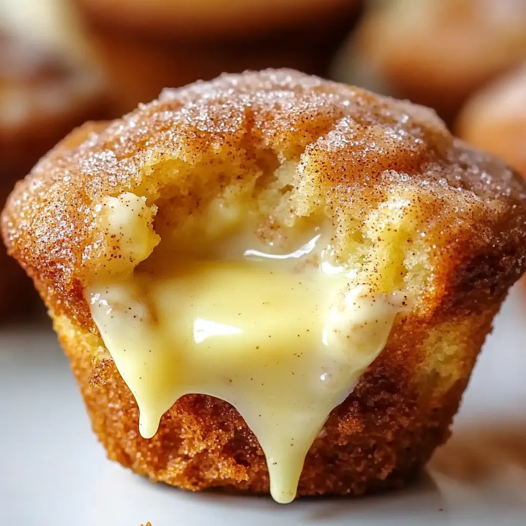 Golden cinnamon cheese muffins with a gooey center and light frosting on top.