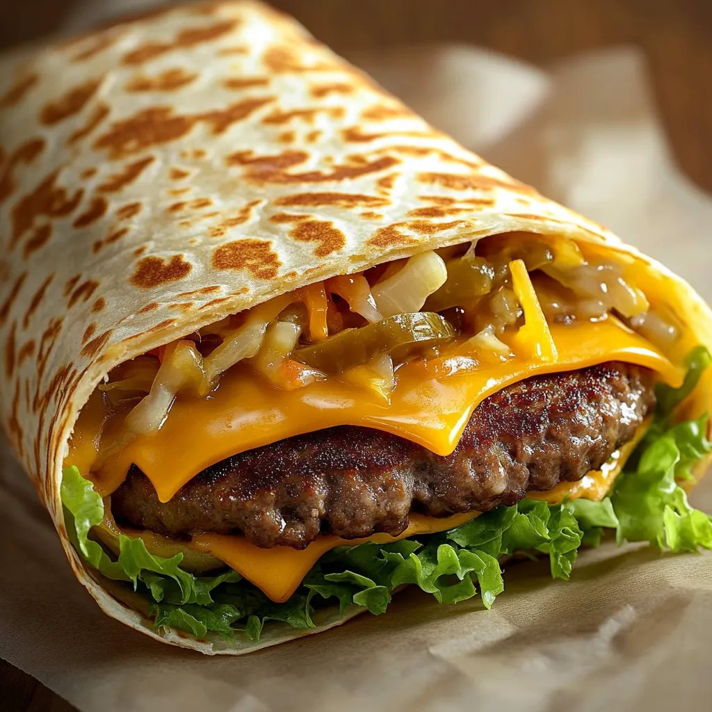 A burger-inspired wrap showing tasty beef, crisp lettuce, melty cheese and signature sauce, folded neatly in a soft tortilla.
