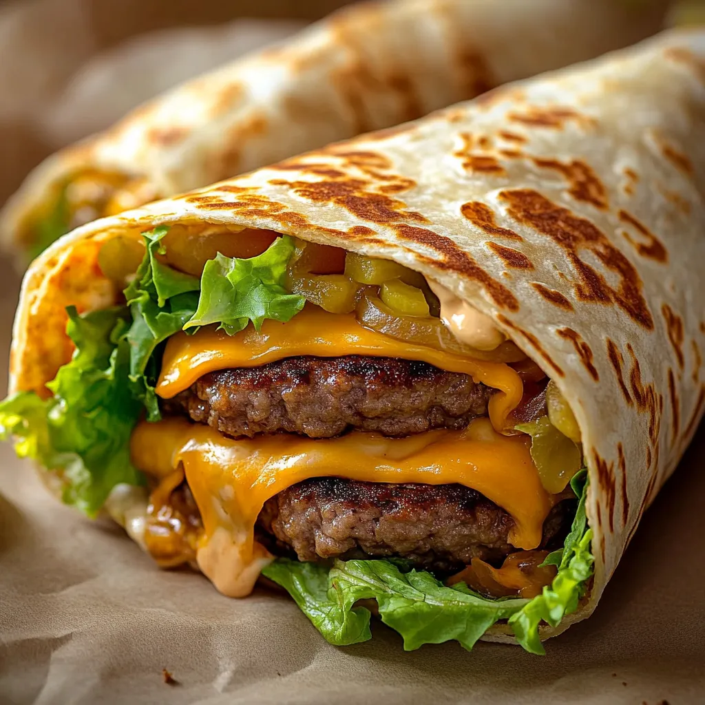 A tasty burger-inspired wrap stuffed with seasoned meat, fresh greens, melted cheese and special sauce in a perfectly folded tortilla.