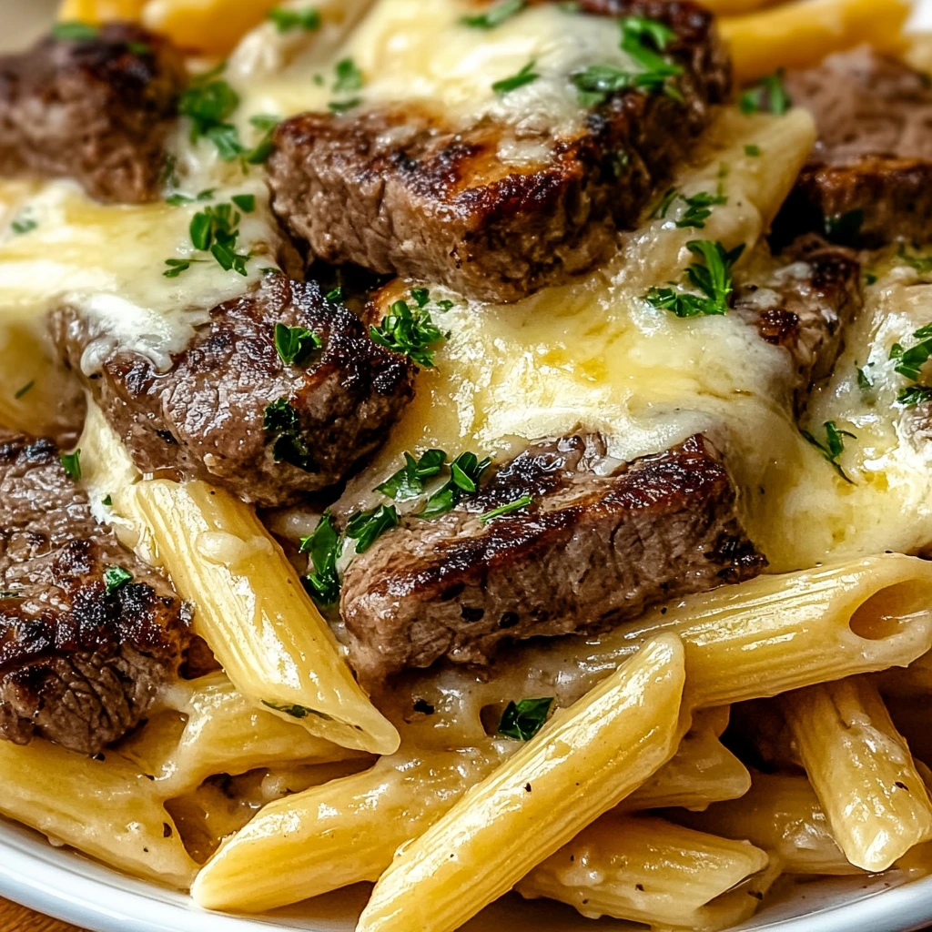 Garlic butter steak tips with creamy rigatoni, garnished with herbs.