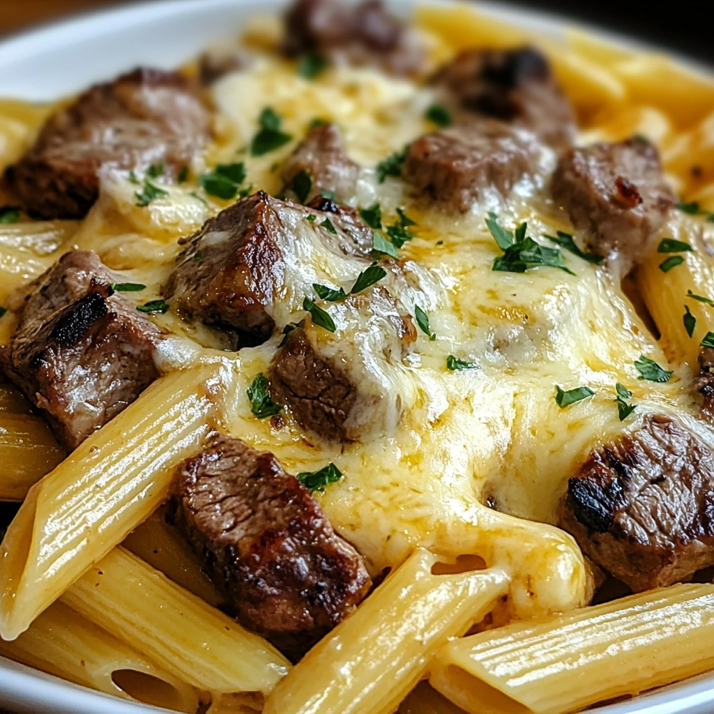 Tender garlic butter steak tips and cheesy rigatoni for a savory dining experience.