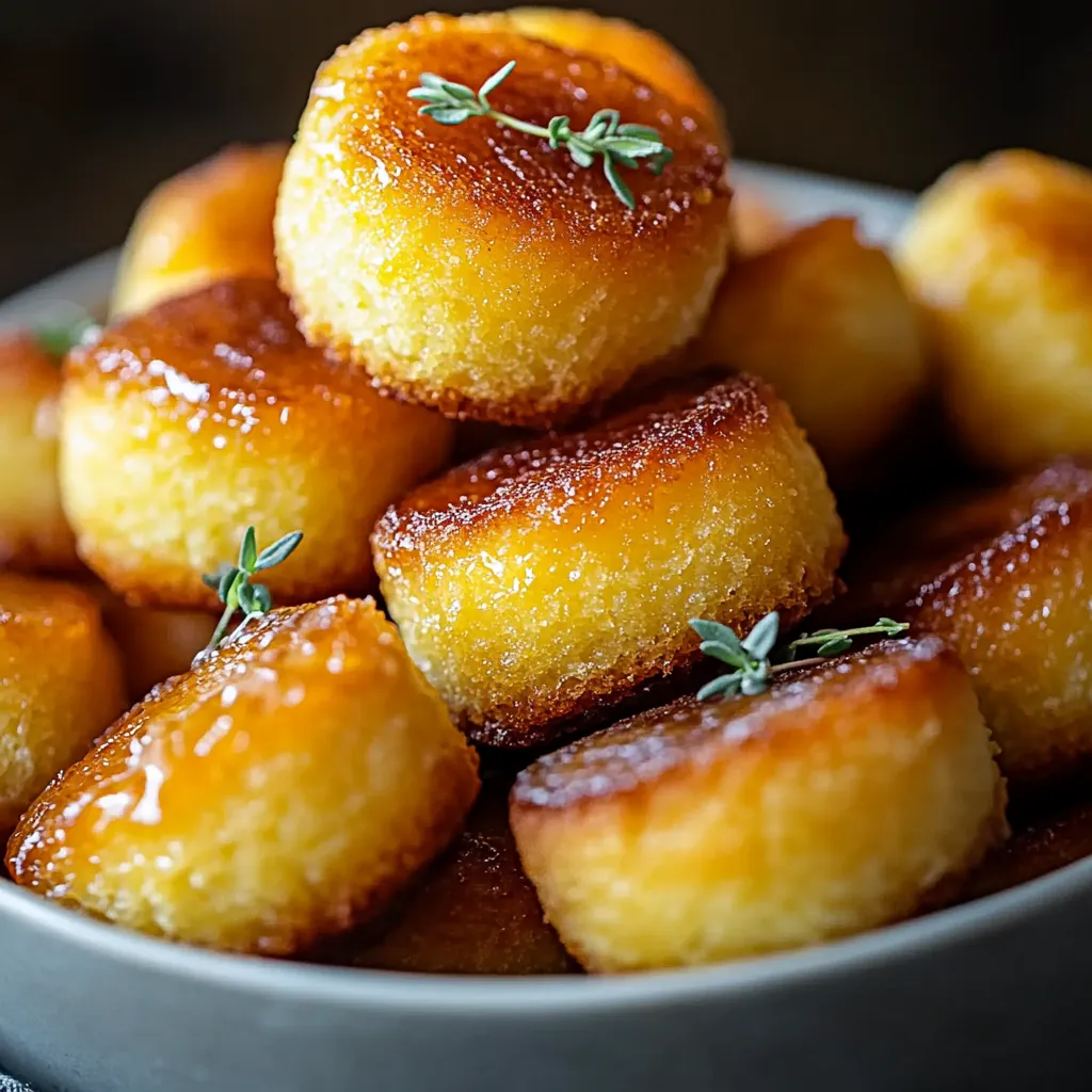 Golden Southern-style cornbread poppers, rich with honey butter, elegantly arranged on a rustic table with honey on the side.