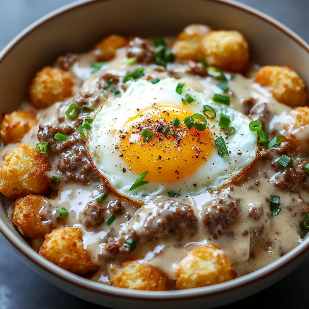 A big bowl of golden tater tots topped with savory sausage gravy, finished with green onion slices.