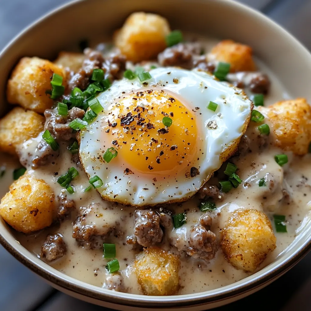 A tasty breakfast bowl loaded with crispy tater tots and creamy sausage gravy, just what you need for a filling morning meal.