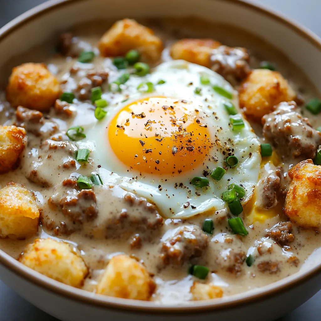 A hearty breakfast bowl featuring tater tots covered in smooth sausage gravy, the perfect way to start your day with plenty of flavor.