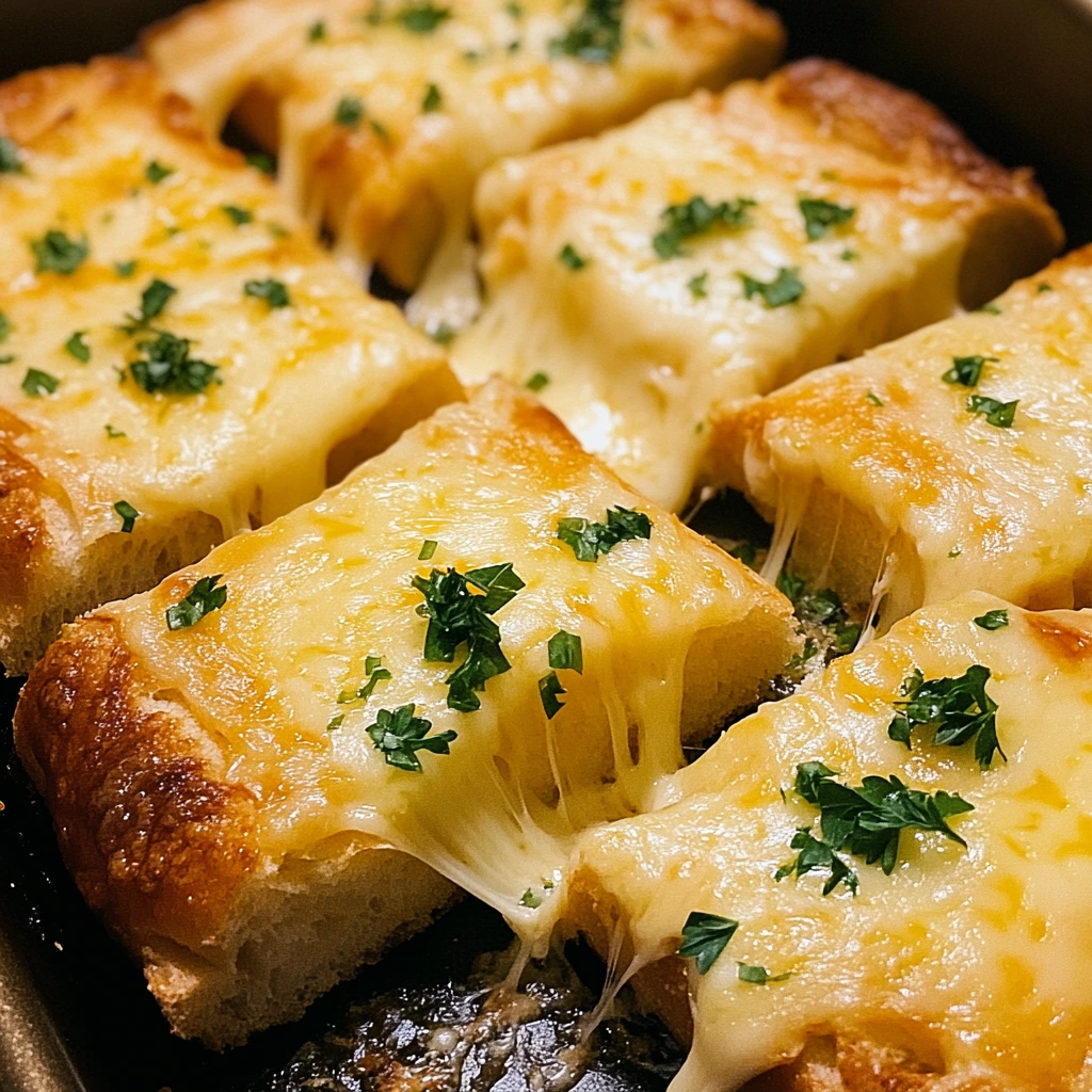 Crunchy cheesy garlic bread on a toasted loaf.