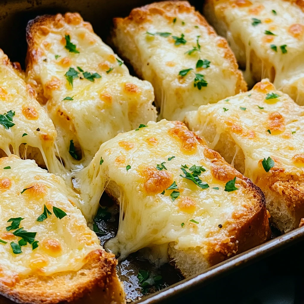 A mouthwatering cheese and garlic bread with toasty edges, melty cheese and aromatic garlic spread.